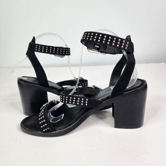 ASOS Western Studded Open Toe Strappy Chunky Heels Womens Size 7 Black Silver - Picture 11 of 14
